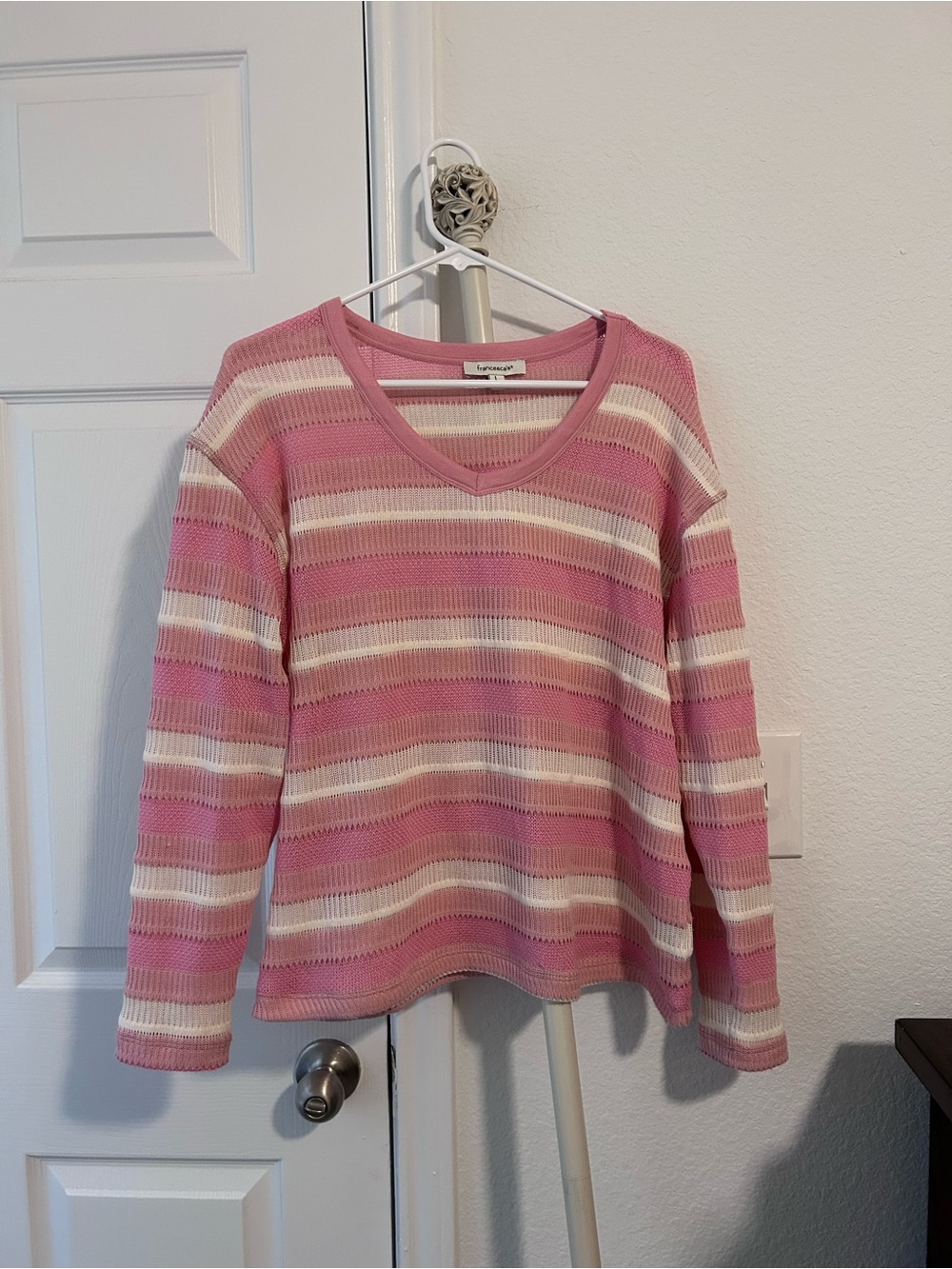 Francesca’s Pink White Striped Knit Sweater Womens Large